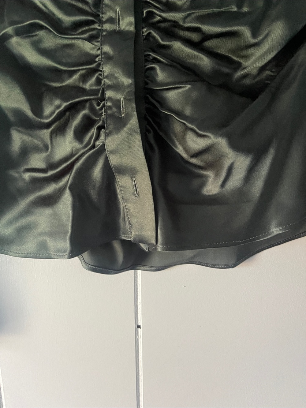 Zara Olive Satin Ruched Button-Front Shirt - Picture 8 of 13